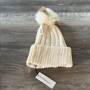 BCBGeneration Ivory Knit Beanie with Pom-Pom
